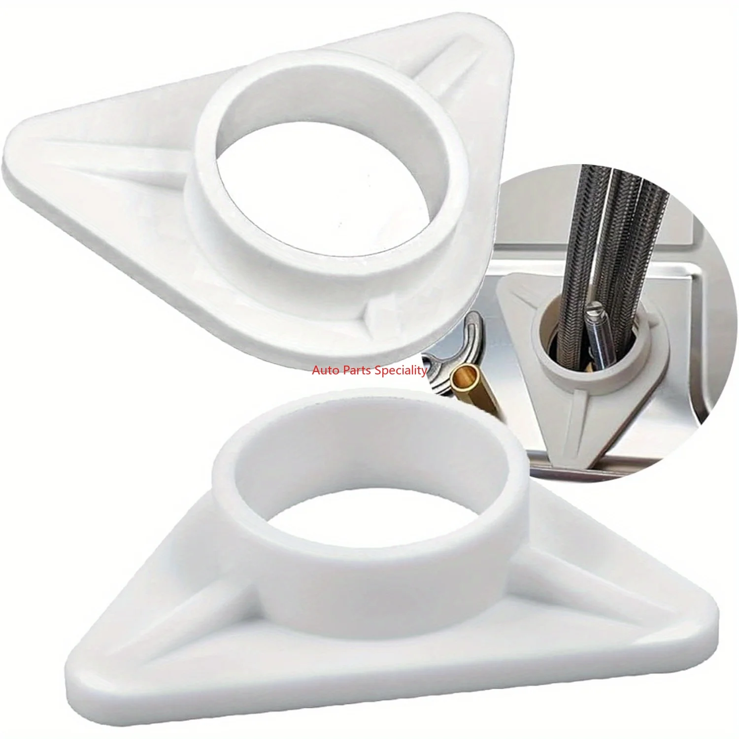 Two Stainless Steel Faucet Stabilizers With White Plastic Reinforcements 34mm Inner Diameter Hole Triangle Plate Shower