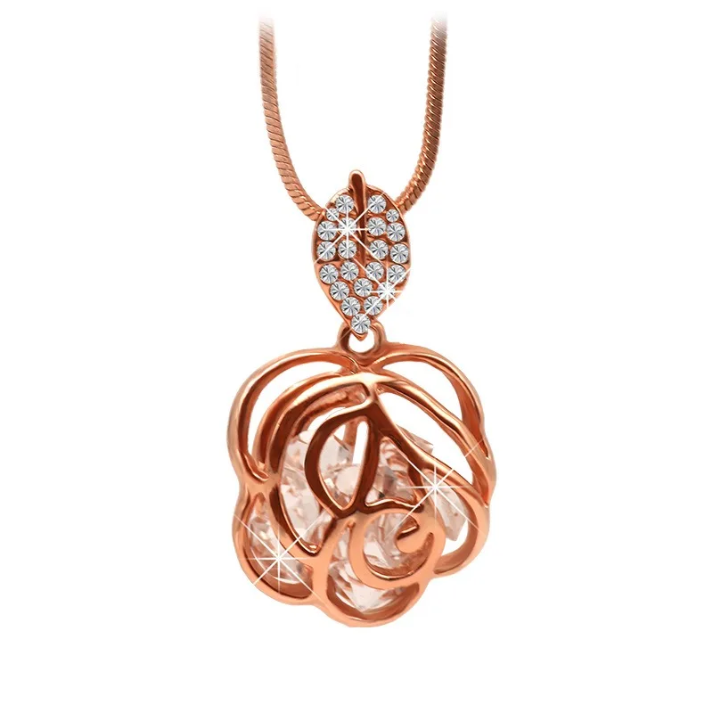 سلسلة سترة وردية طويلة ومتعددة الاستخدامات، قلادة وردية مجوفة للخريف والشتاء، قلادة معلقة على أوراق الشجر