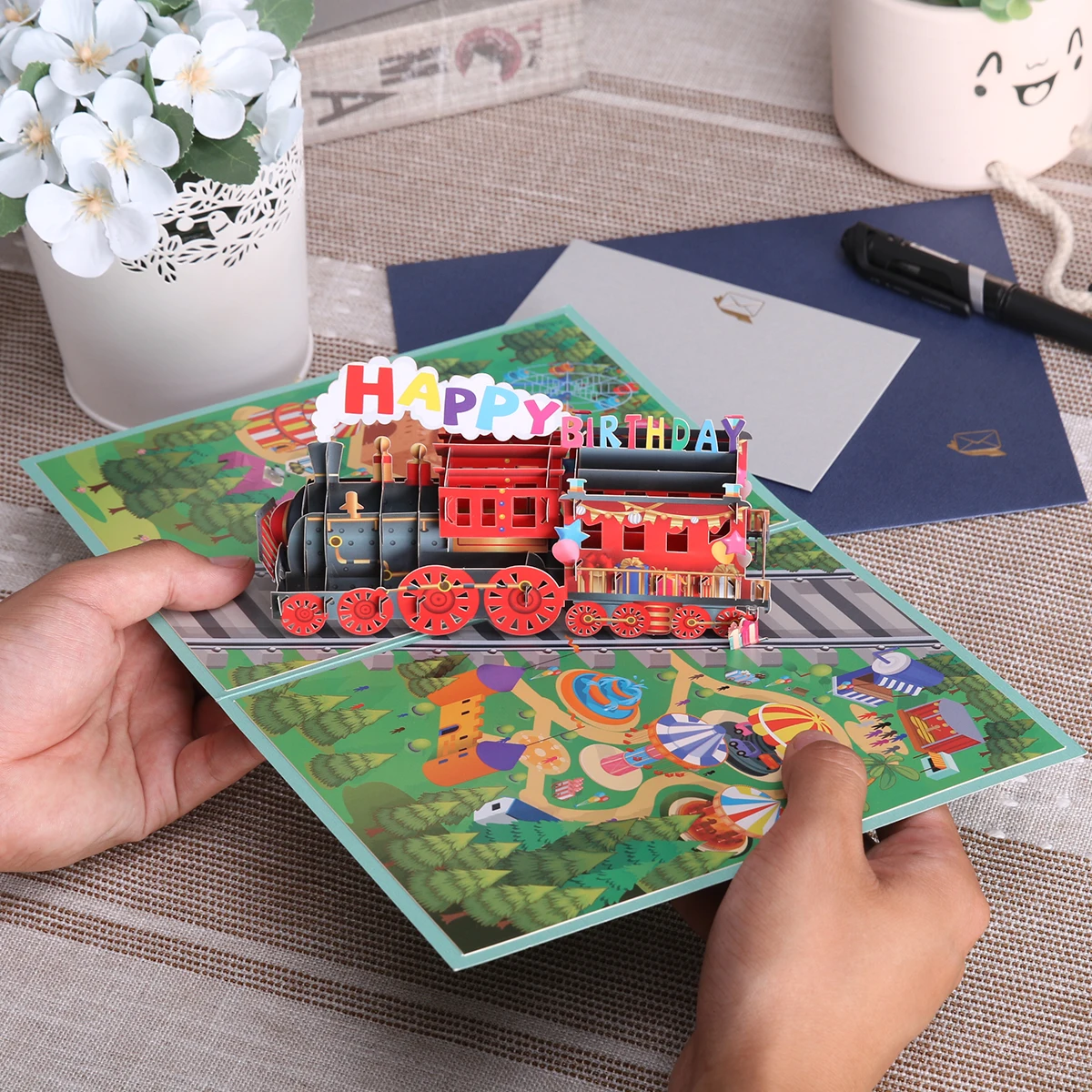 3D Train Birthday Gift Card Pop Up Greeting Cards for Kids Wife Husband