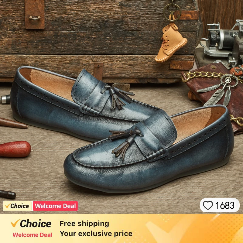 COW LEATHER Brown Handmade Loafer Shoes Men casual business shoe men Formal blue Genuine Leather Shoes Man Tassel male moccasin