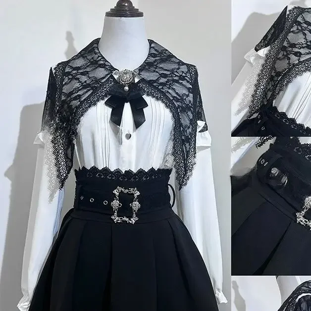 Blusa gótica Vintage Harajuku de Lolita para mujer, camisa de manga larga con cuello de murciélago calado de encaje con lazo estético japonés Y2k, Tops elegantes