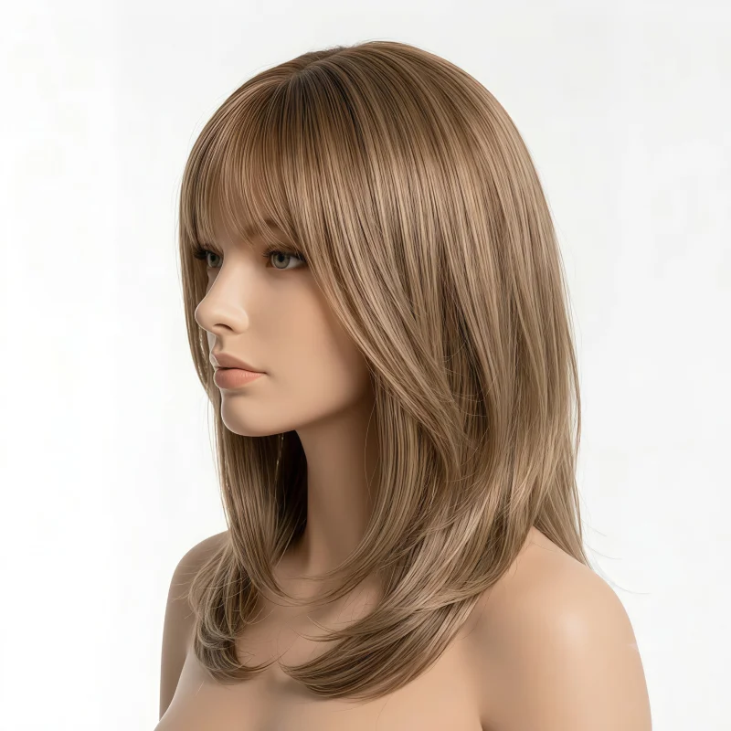 Light Brown Medium Length Layered Synthetic Wig with Bangs, Heat Resistant, Natural Looking for Women Daily & Office Wear