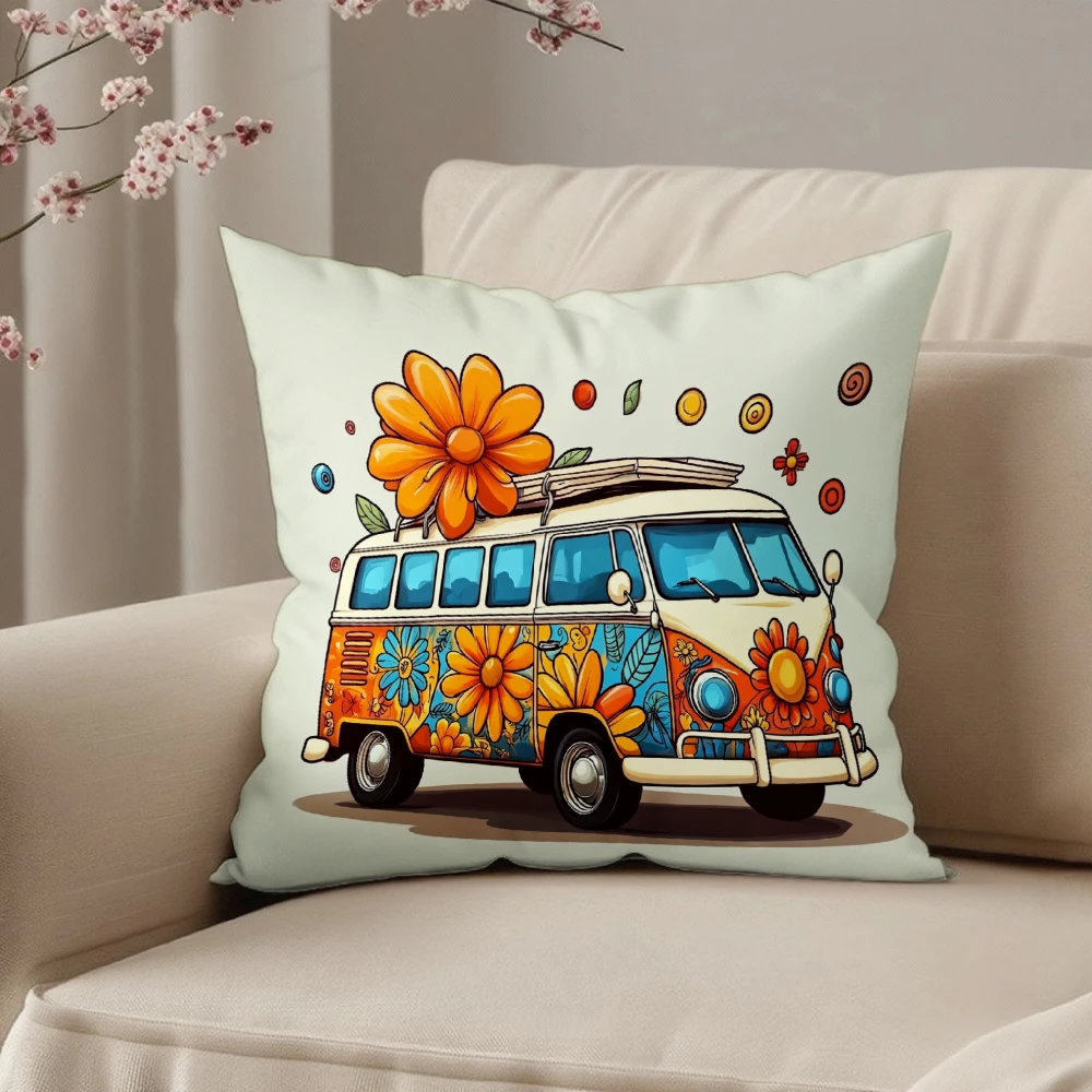 Retro Floral Van Print Square Throw Pillow Cream White Vintage Hippie Bus Flower Pattern Decorative Cushion For Living Room Sofa