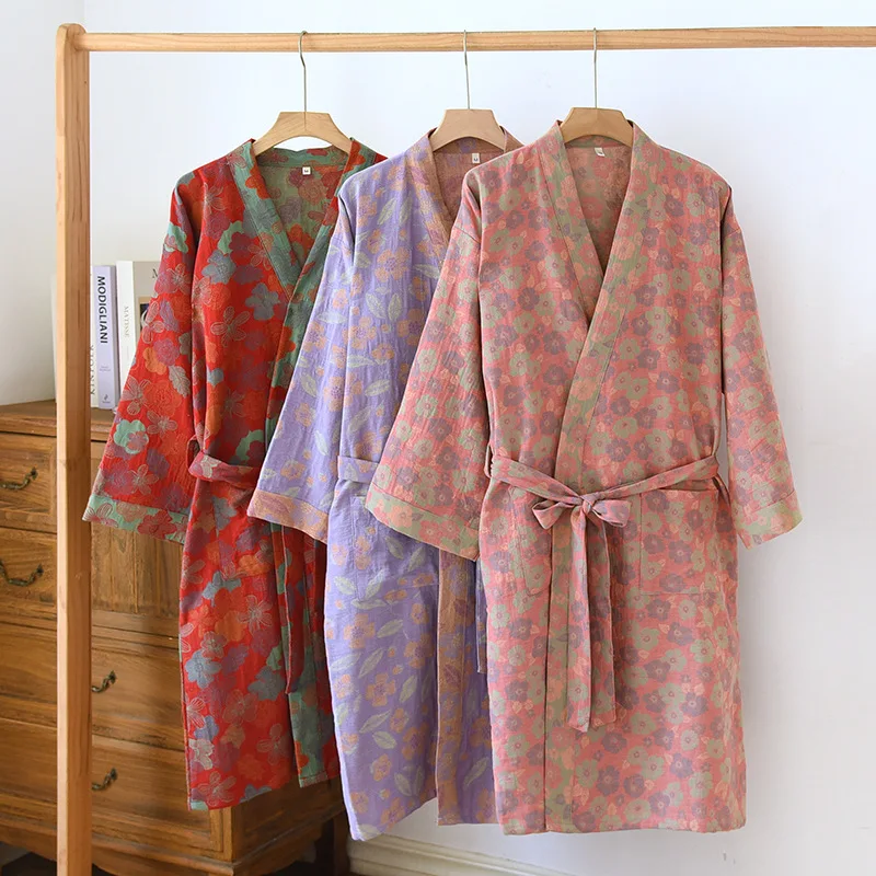 

Multi Colors Kimono Bathrobe Women's Pajamas Clothing for Spring and Summer Cotton Loose Home Sleepwear Kimono Robes with Belt