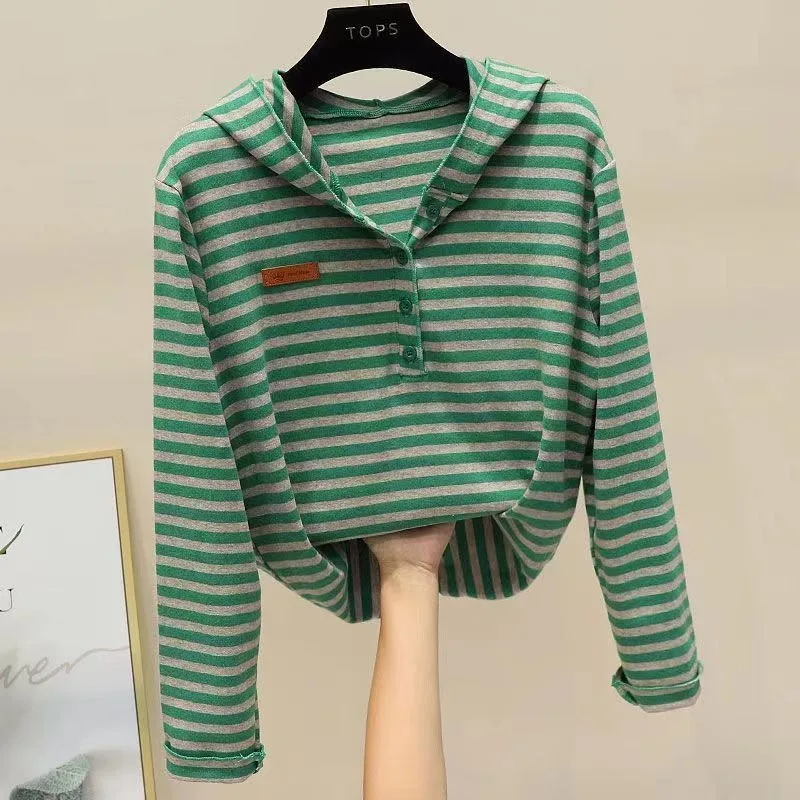 

2024 New Spring Autumn Long Sleeve Hooded T-Shirt Short Casual Versatile Hoodie Thin Striped Sweatshirt Woman's Pullover Tops