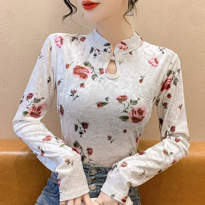 

Velvet Printed T-irt Women's Slim Fit Long Sve Casual Autumn Winter Faion Design Base irt Chinese Sle Stand Collar