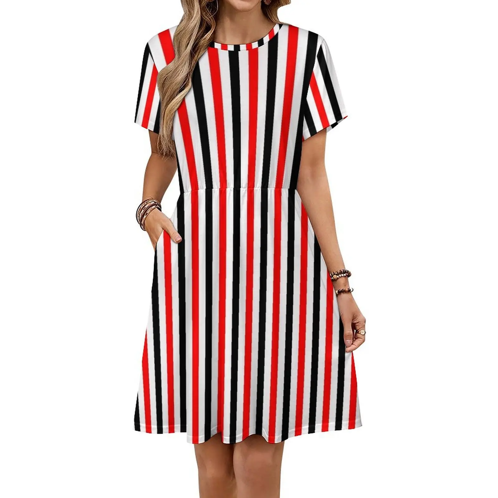 Red White Black Stripes Pattern Bohemian Sleeveless Dress Multi-Print Beach Vacation Party Dress Red Stripes Pattern Black view 6