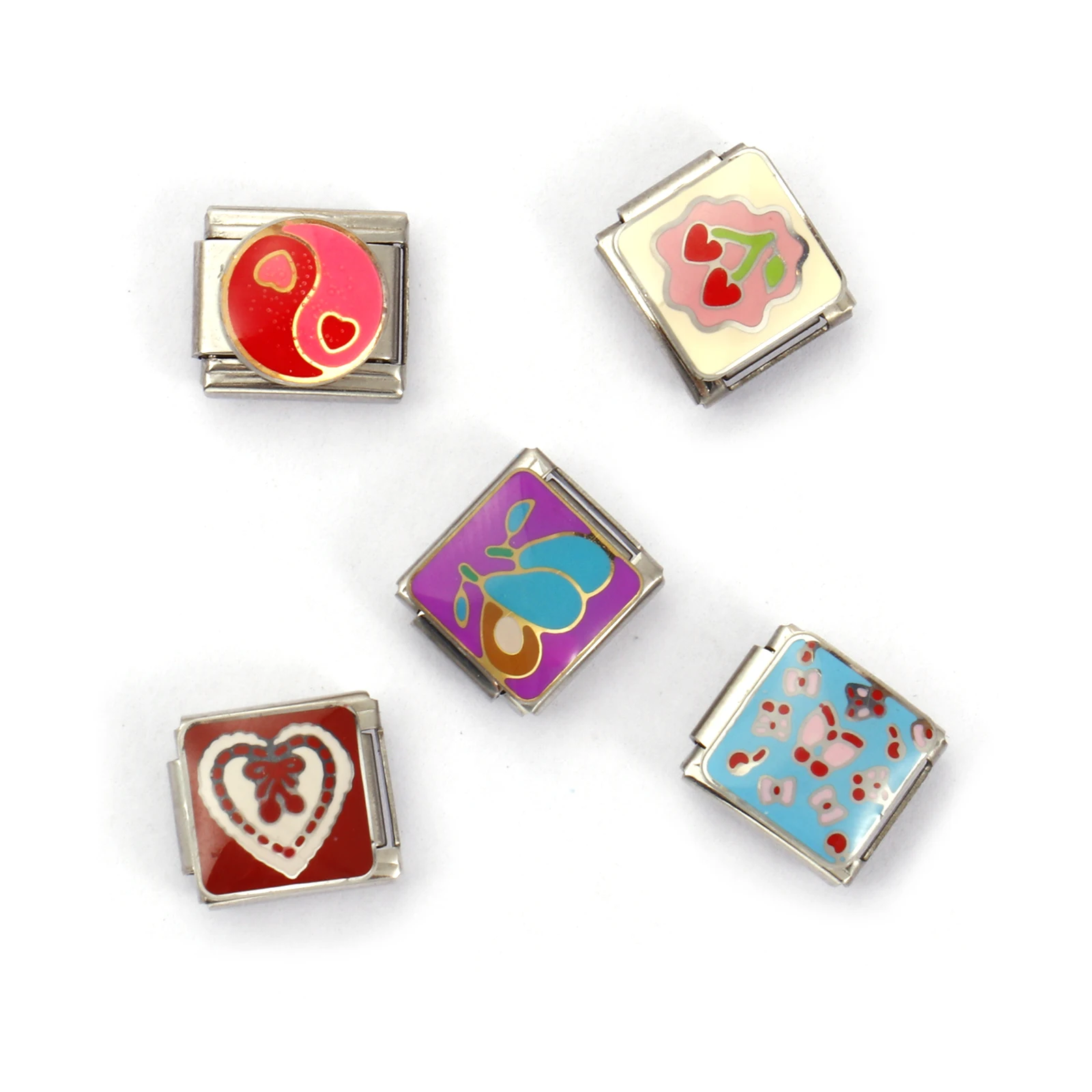 

2pcs 304 Stainless Steel Italian Charm Links Rectangle Heart Bowknot Cherry Connector For DIY Bracelet Jewelry Making Fit 9mm