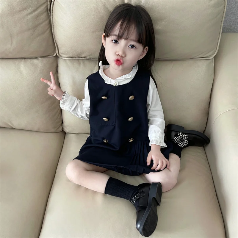 2024Autumn New Children\'s Clothing Girls\' Preppy Style Dress Korean Style Children Western Style Shirt Skirt Two-Piece Set