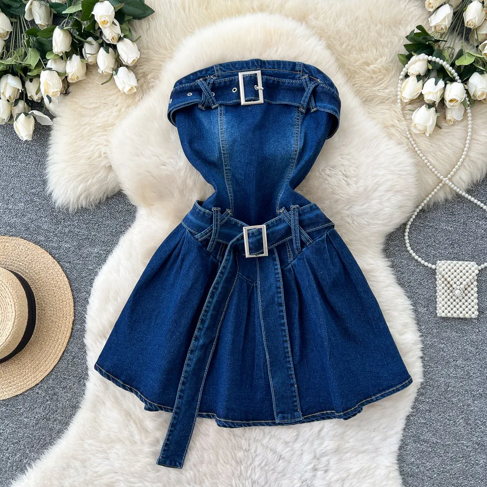 2026 New Summer Petite Women Denim Dress Tube Top Stylish Tie Up Strapless Jean Bandeau Waist Cinched Pleated Mini Dresses