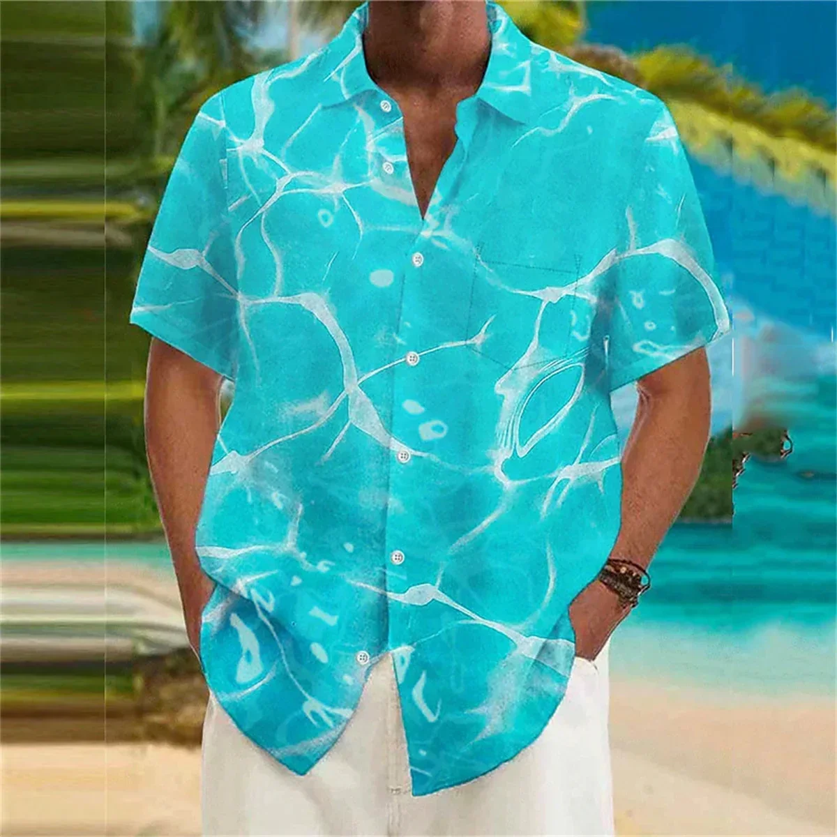 Men's Sea Wave 3D Printed Polo Neck Shirt Casual Holiday Short Sleeve Men's Button Comfortable Fabric Hawaiian Shirt XS-5XL