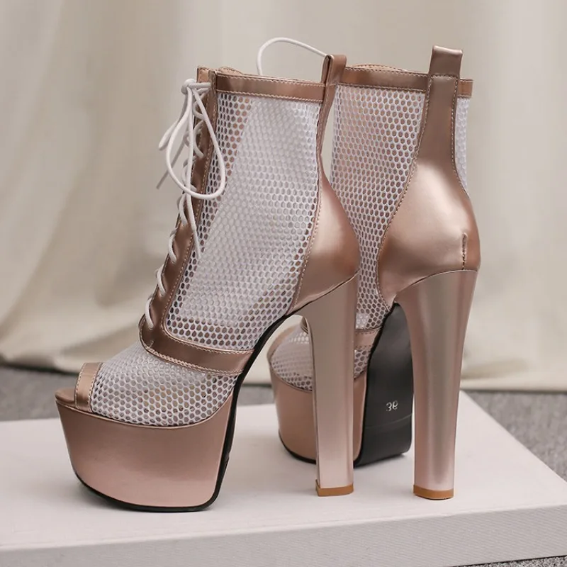 

Весенне-летние сетчатые ботинки с перекрестным ремешком «рыбий рот» на высоком каблуке, непромокаемые ботинки на платформе для ночного клуба, сандалии для даты для танцев на пилоне