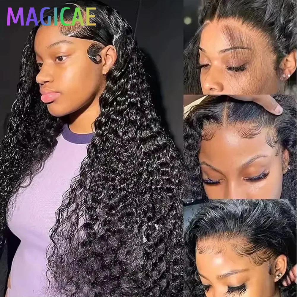 

30Inches 330Grams 13x4 Lace Frontal Wig Nature Black Deep Water Wave Hair Wigs Heat Resistant Bio Synthetic Transparent Lace