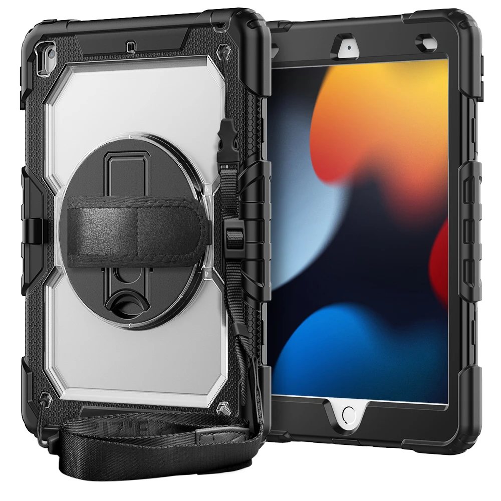 For iPad 10.2 (2021) / (2019) / (2020) Case PC + Silicone Tablet Cover with PET Film and Shoulder Strap