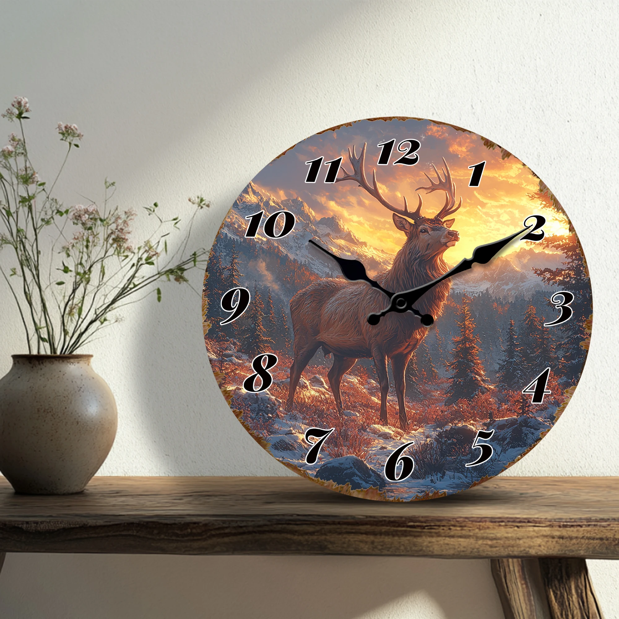 Majestic Deer in Snowy Mountain Wall Clock, Silent Quartz Movement, Wildlife Winter Scene Timepiece, Nature Lover's Decorative C