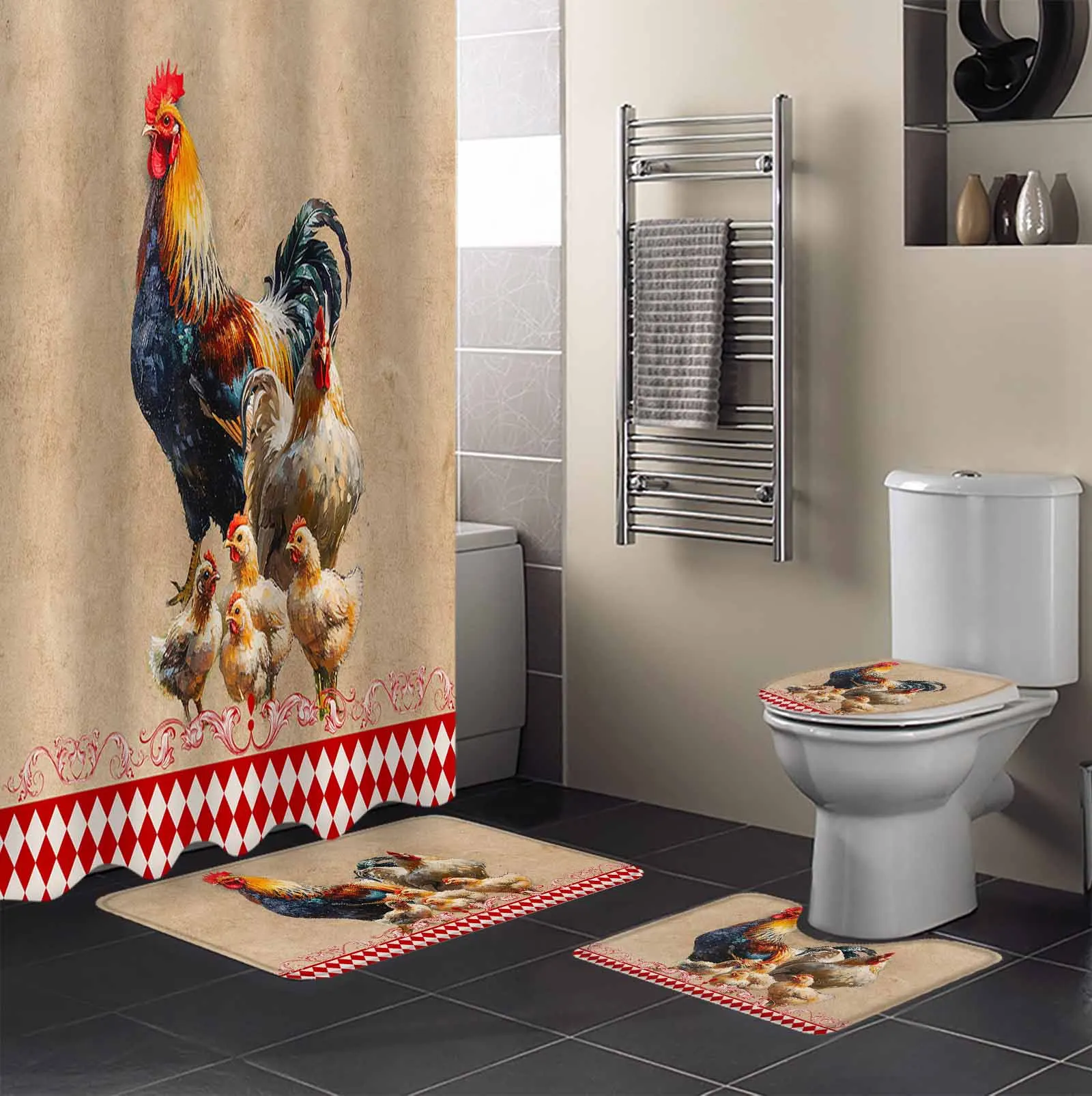 Retro Country Farm Rooster Hen Shower Curtain Set Non-Slip Rugs Bath Mat Toilet Lid Cover Waterproof Bathroom Curtain