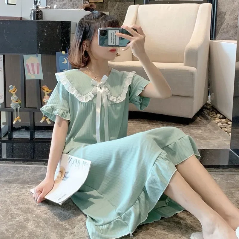 

Women's Spring and Summer New Simple Girls Sweet Ins Wind Ruffled Thin Section of Solid Color Pajamas Home Wear