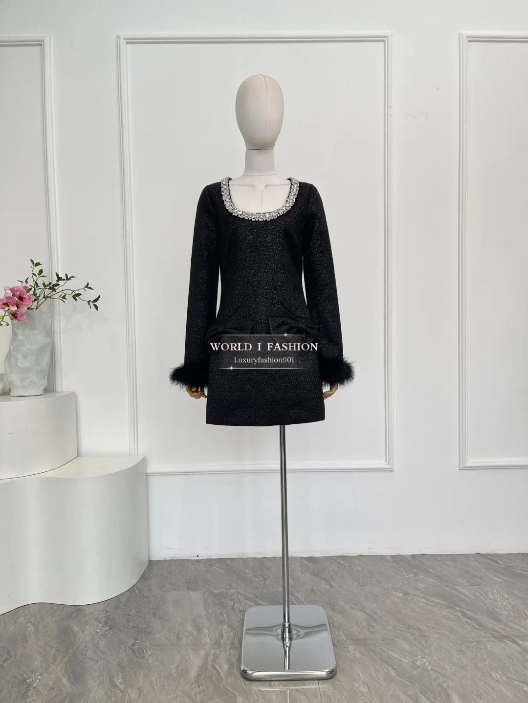 

Black Ostrich Feather and Diamond Bow Long Sleeved Mini Dress