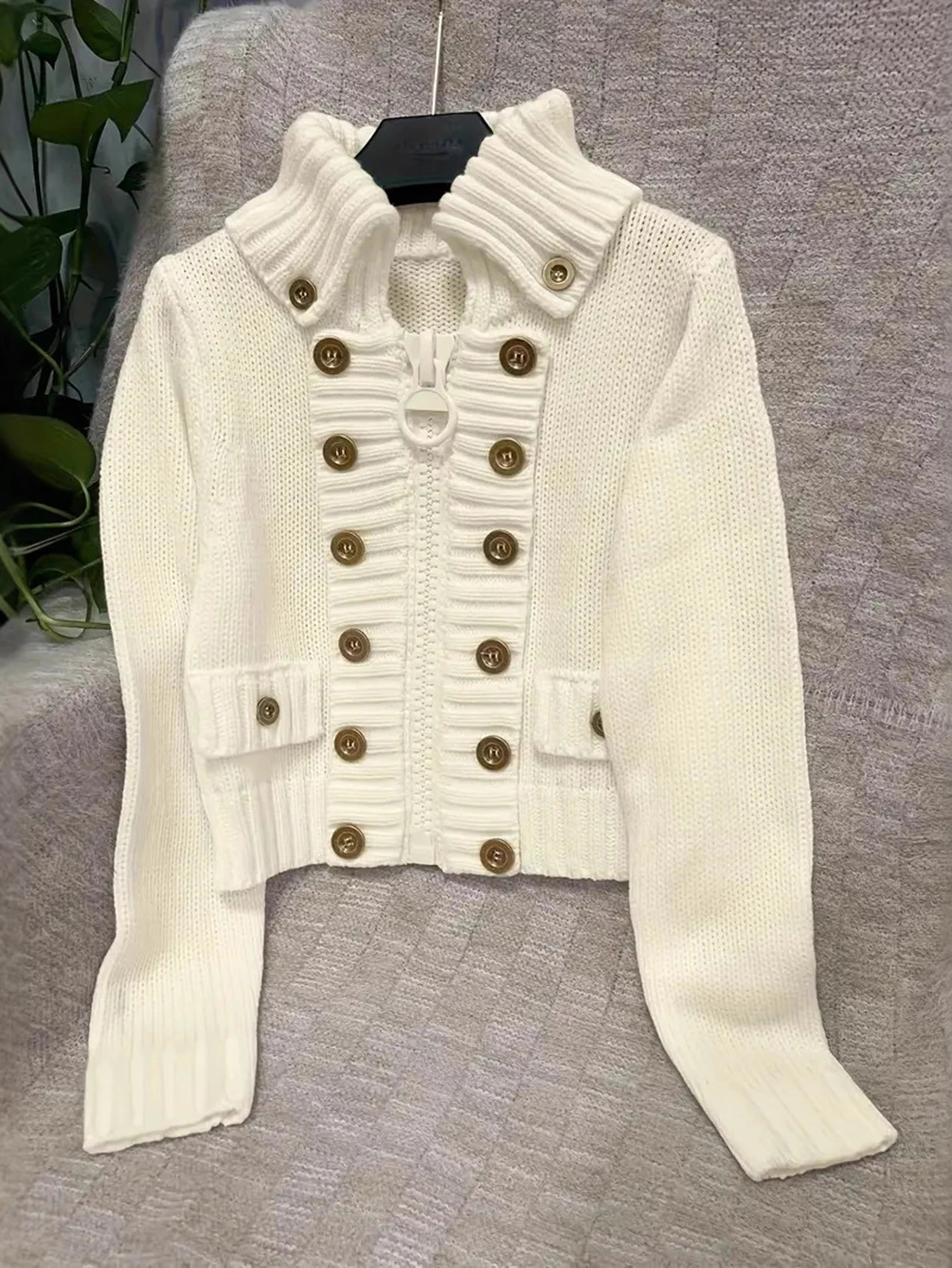 Sexy Slim Fit Knitted Sweater Coat Women's Zipper Design Outerwear European And American Double Button Elasticity Cardigan