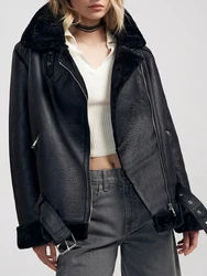 Ailegogo Autumn Winter Women Loose Warm Faux Fur Jacket Streetwear Female Belt Zipper Moto Biker Thick Coat Outwear