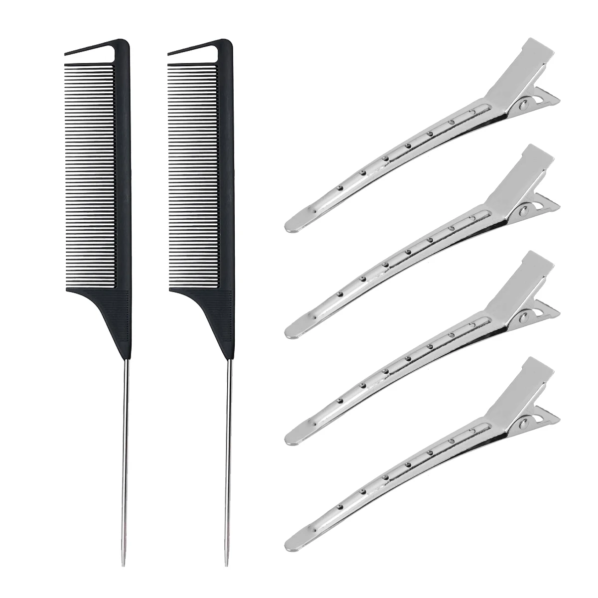 مجموعة أدوات تصفيف الشعر مكونة من 6 قطع، قطعتان من أمشاط ذيل من ألياف الكربون المتينة، 4 قطع من مشابك منقار البط المعدنية خاصة للشعر المستعار الحقيقي