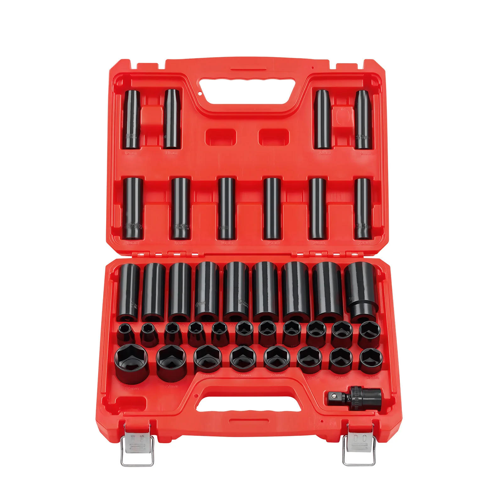 SucceBuy Jeu de douilles à chocs 1/2 po, 39 pièces, douilles à chocs profondes et peu profondes à 6 pans, métriques de 9 à 30 mm avec joint universel