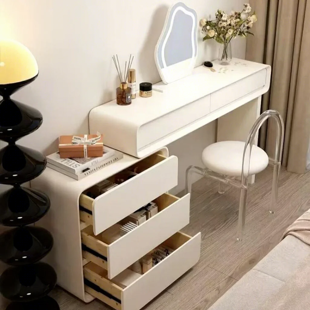 

Cream Style Dressing Table with Lighted Mirror Simple Storage Cabinet & Telescopic Corner Desk for Hotel Usepromote sales