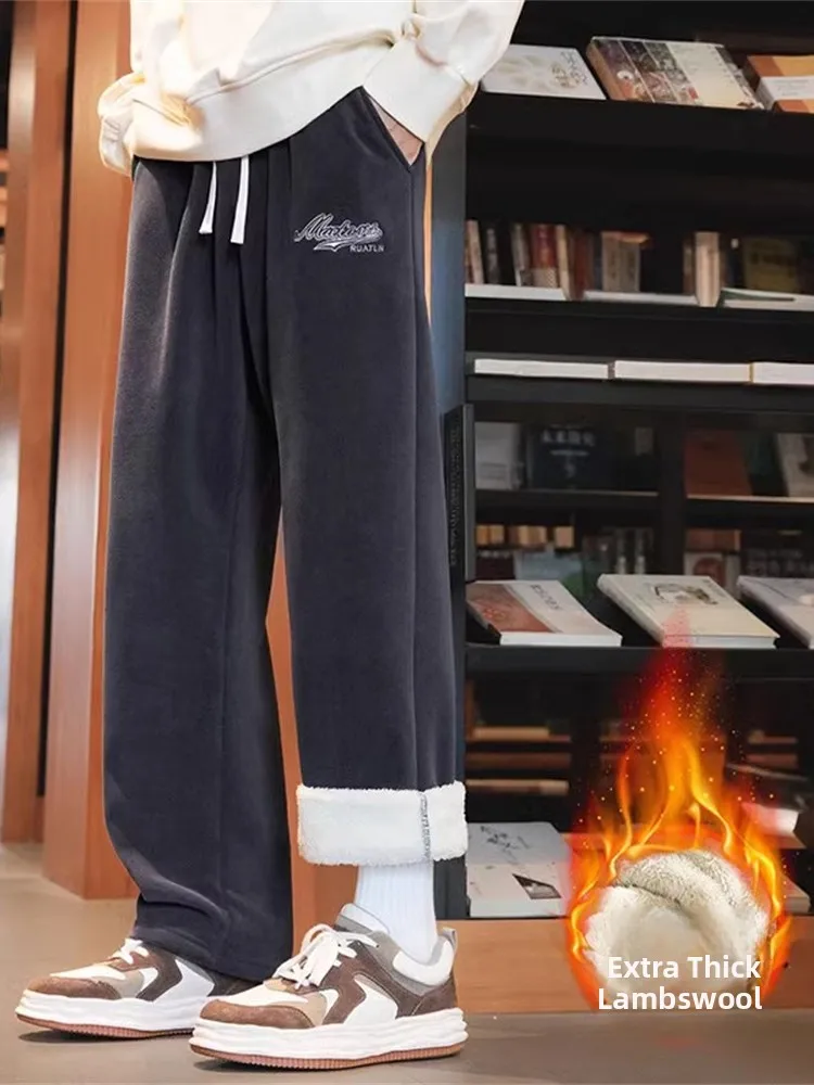

Lamb Velvet Men's Sweatpants Straight Leg Thiened Casual Loose Faion Brand Autumn Winter Spor Teens Casual Pants