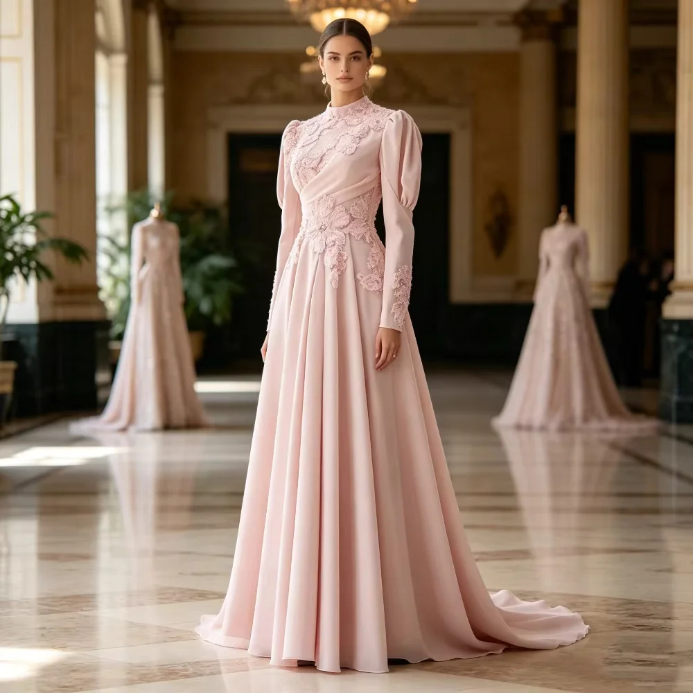 This modest high-neck long sleeve evening gown features soft flowing fabric and an A-line silhouette. Elegant and demure design,