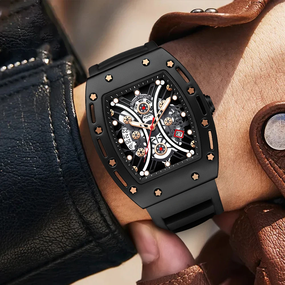 Hoge Kwaliteit Tonneau Quartz Horloges Mannen Luxe Merk Rubberen Band Uurwerk Mode Originele Auto Datum Mille Klok Dropshipping