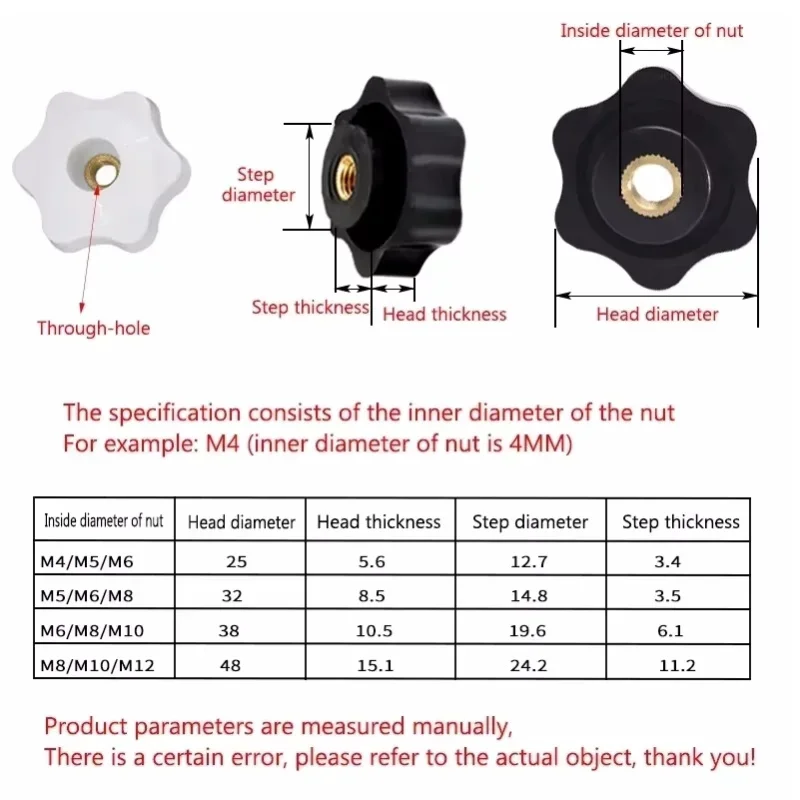 Black White Plastics Plum Hand Tighten Nut M4 M5 M6 M8 M10 M12 Handle Thread Star Mechanical Thumb Nut Clamping Knob Manual Nuts