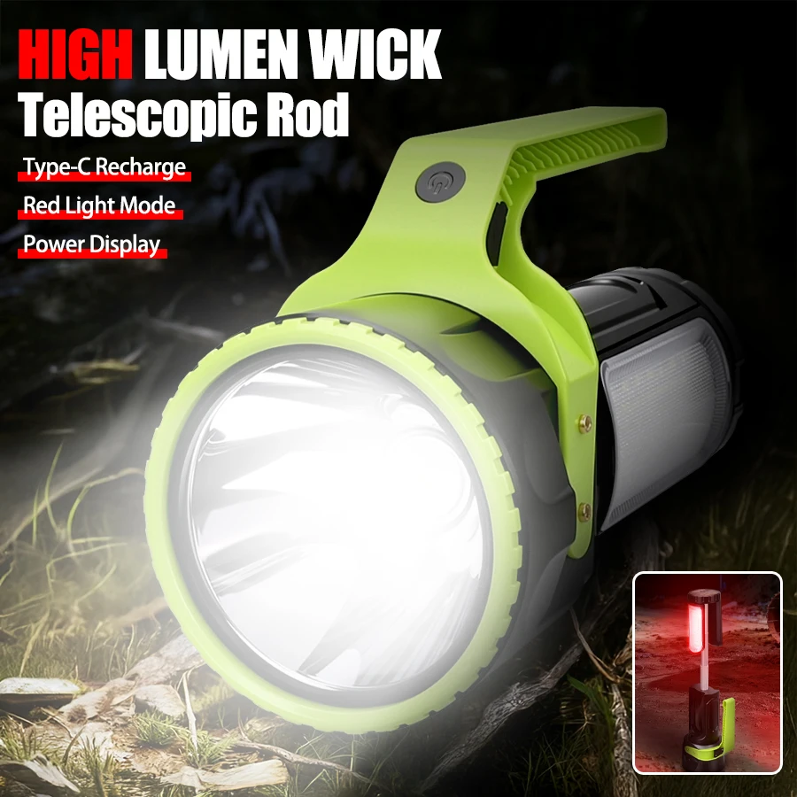 مصباح يدوي XHP50 LED ساطع 1000 متر، ضوء بحث زوومابلي XPE مع شحن من النوع C، قضيب تليسكوبي مقاوم للماء IPX6 وعرض الطاقة