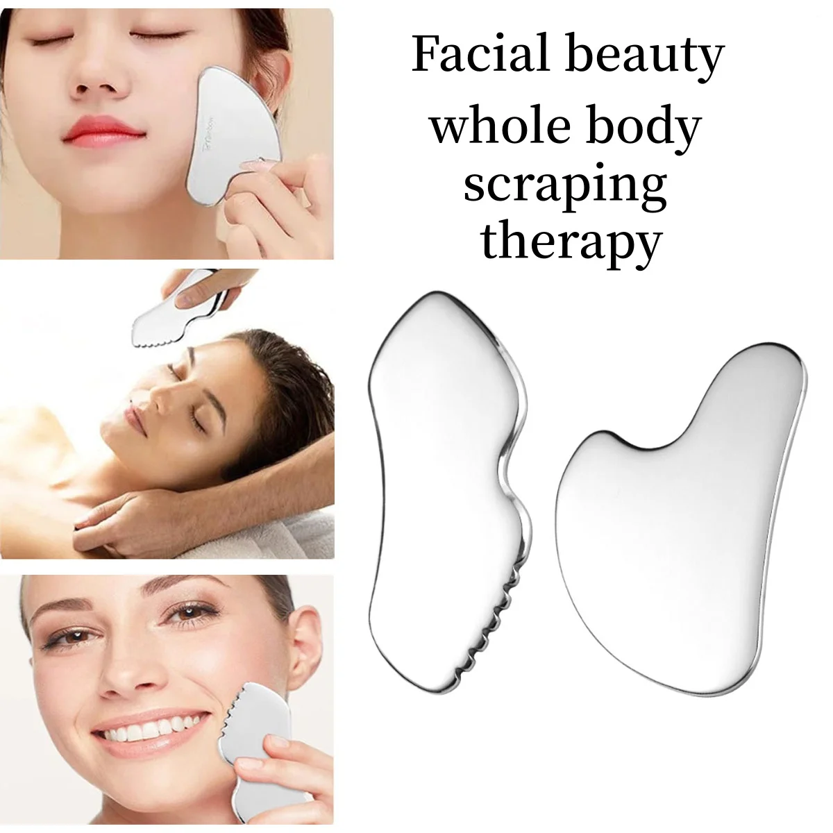 2pcs Stainless Steel Facial Gua Sha Massage Firming Tools Large Size Neck Body Face Metal Scraping Board Beauty Skin Care Set