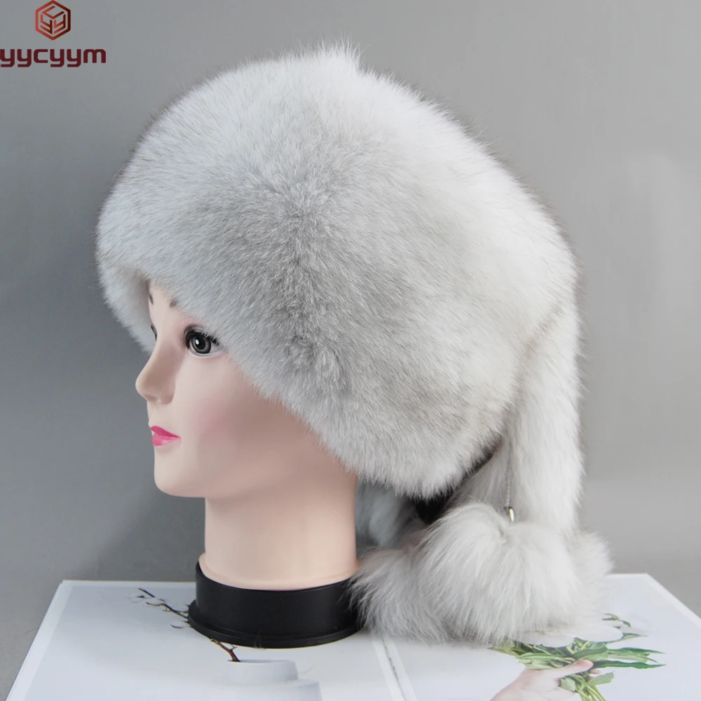 

Winter Warm Women Russian Raccoon Royal Fur Caps Fox fur Hat Dome Mongolian Hat Fur Hat Luxury Lady Natural Fox Fur Bomber Hat