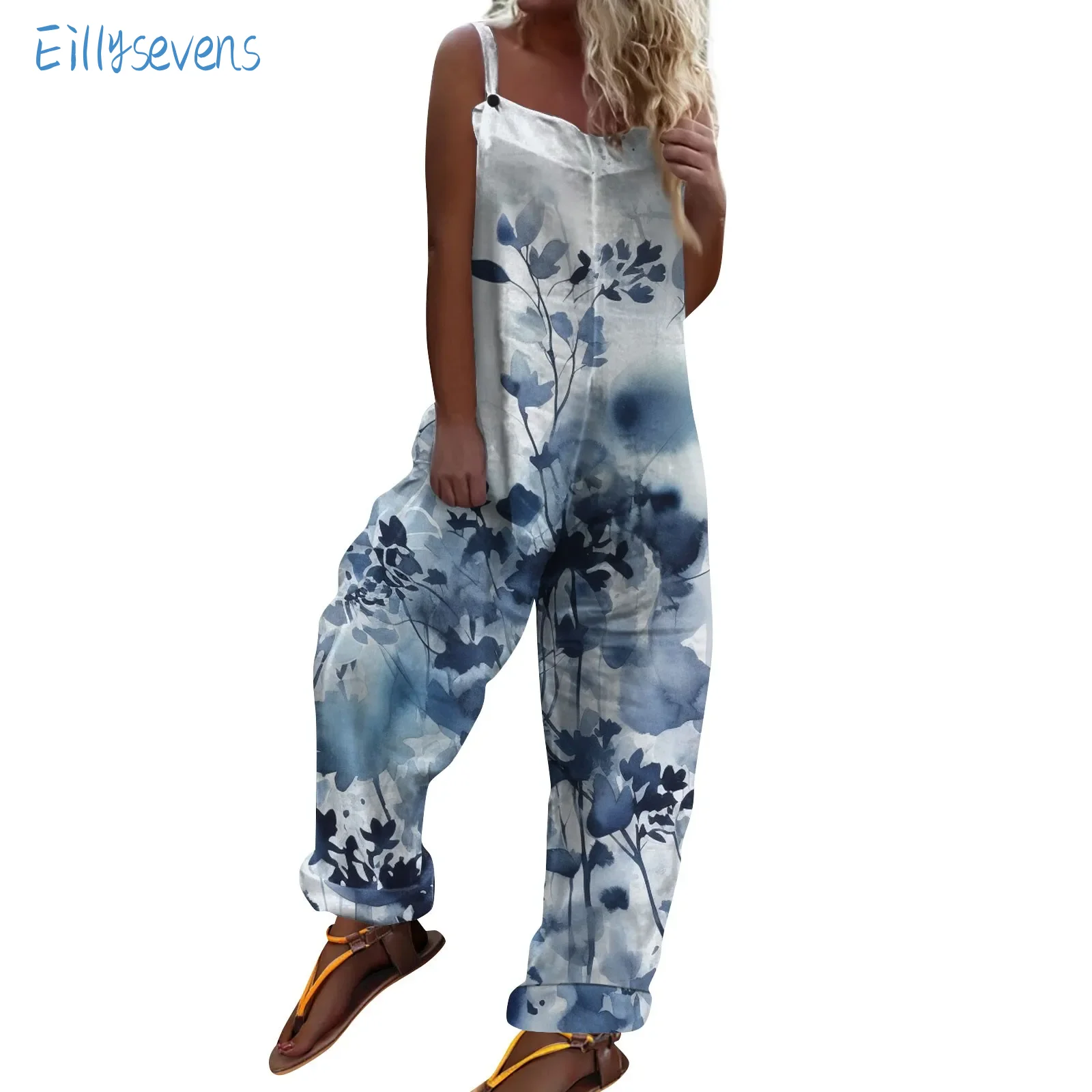 Women'S Strappy Jumpsuits Fashion Trend Summer Retro Print Casual Loose Wide Leg Rompers Daily Commute All-Match Cool Jumpsuits