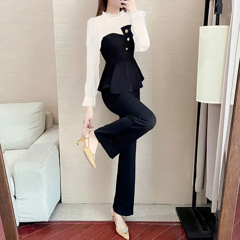 Summer Patchwork Short-sleeved Chiffon Shirt Blouse Casual Pants Two-piece Elegant Women\'s Pants Suit Street Sports Outfits