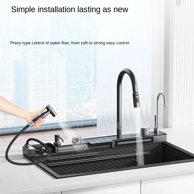 Stainless Steel Kitchen Sink Double Waterfall Digital Display Large Single Honeycomb Embossed Pull Out Faucet Cup Washer