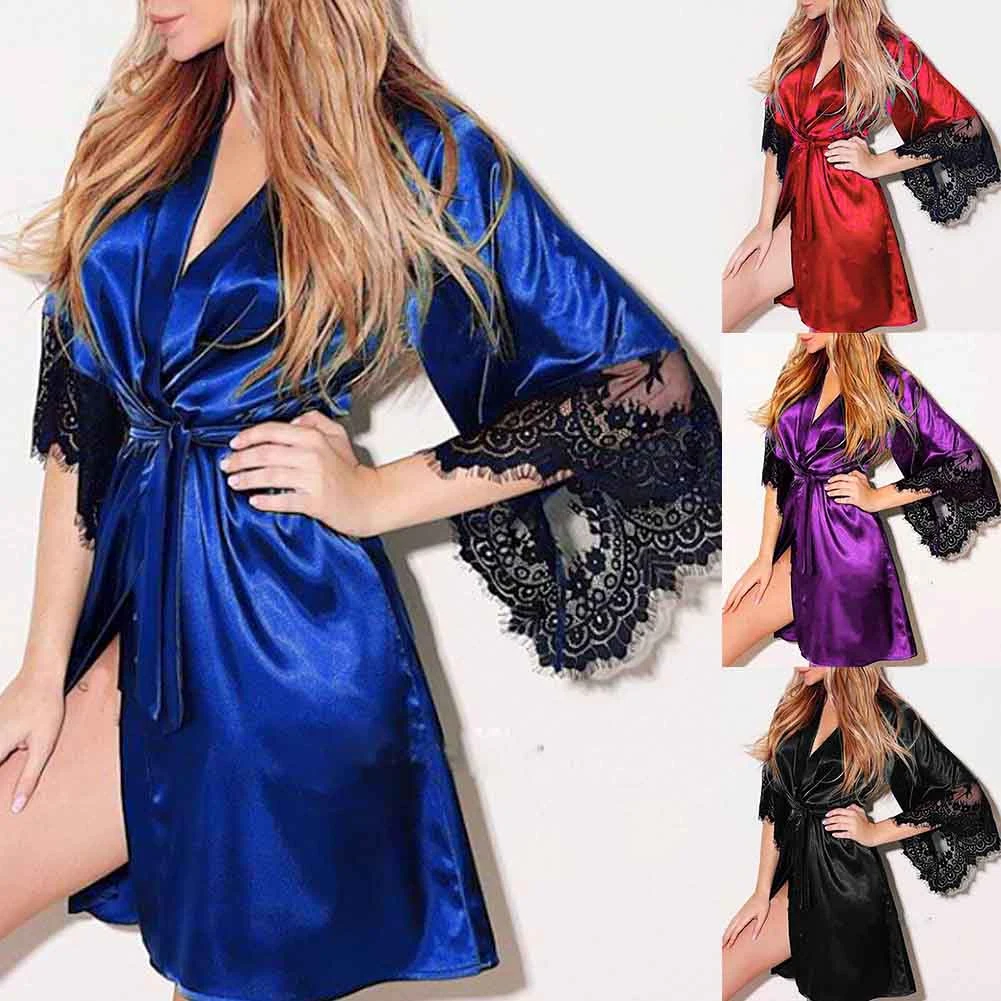 Women Sexy Solid Color Lace Patchwork Half Sleeve Belt Nightdress Bath Robe Ice Silk Одежда Для Женщин Лето Women Pajamas Sets