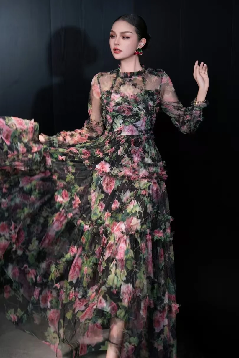 الربيع والصيف س الرقبة منظور بأكمام طويلة الربط الدانتيل الشيفون النسيج الطباعة رومانسية النمط الفرنسي المرأة فستان طويل #4