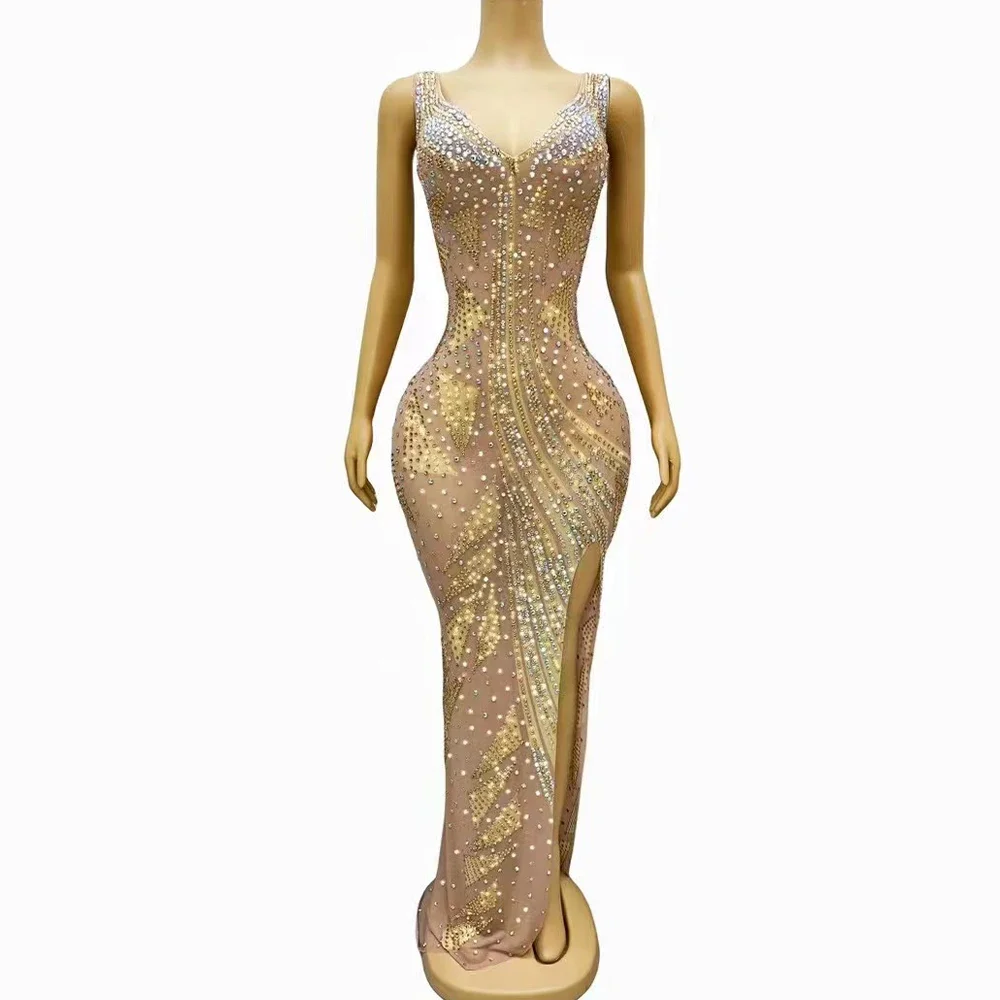 

Transparent Outfit Dance Stage Celebrate Nightclub Party Photoshoot Costume Sexy Luxury Silver Gold Crystals Sleeveless Dress
