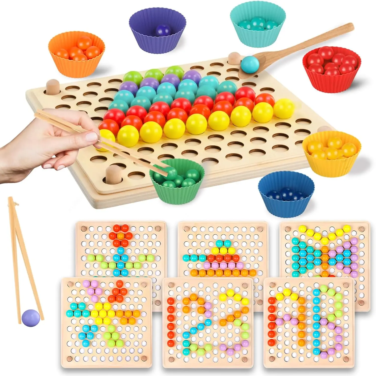 Wooden Bead Sorting Game Ages 3, Sort Color Montessori with 10 Animal Cards, Clip Beads Puzzle Games Mathematics Educational Toy