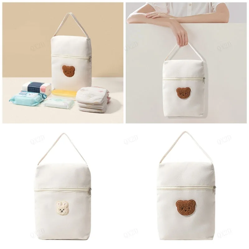 

QX2D Stylish Mom Carry Case Diaper Organiser Bag with Cartoon Bear Embroidery Canvas Bag for Baby Essential Storage
