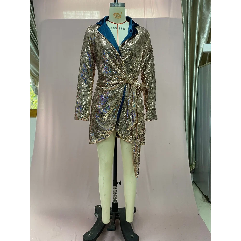 Lovertjes pak kraag veterjurk dames lange mouwen modieuze en sexy jurken voor dames