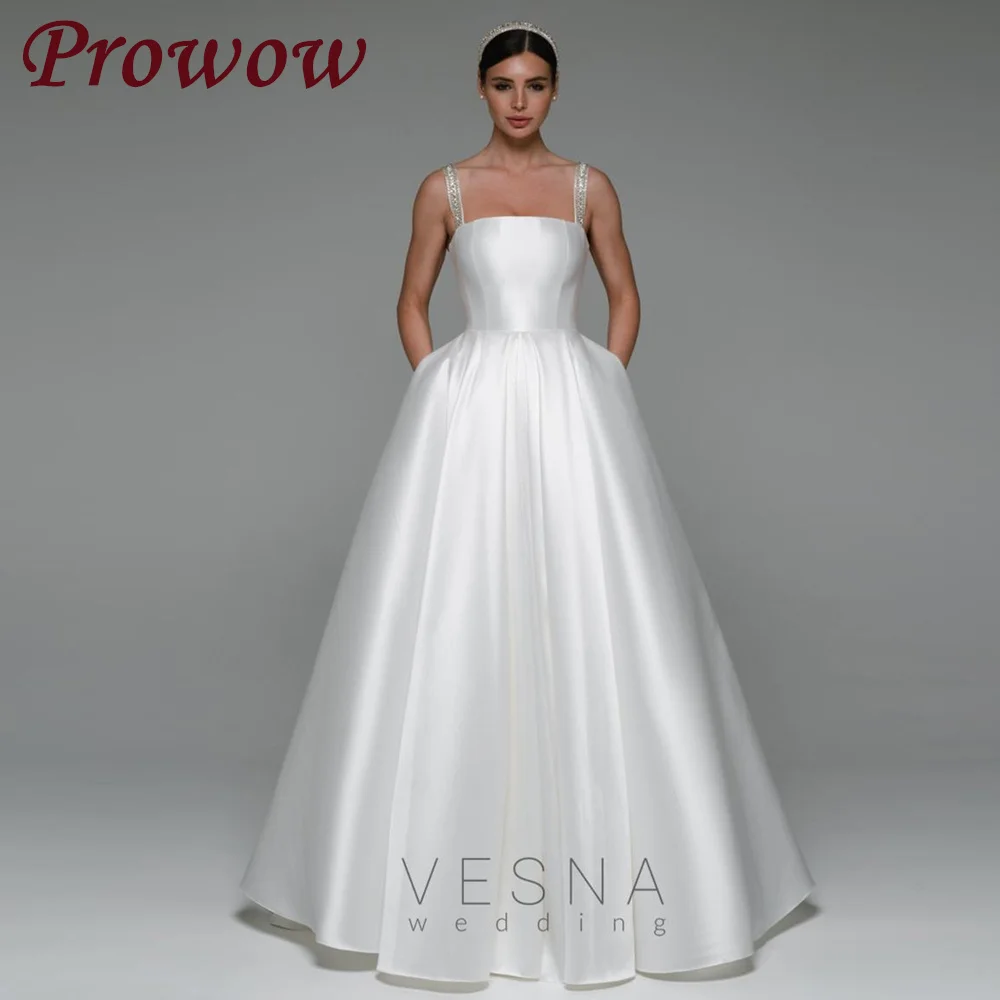

Prowow Elegant Square Collar A Line Wedding Dress Pleats Soft Satin Sleeveless Bridal Gown Customized Floor Length Lace-up