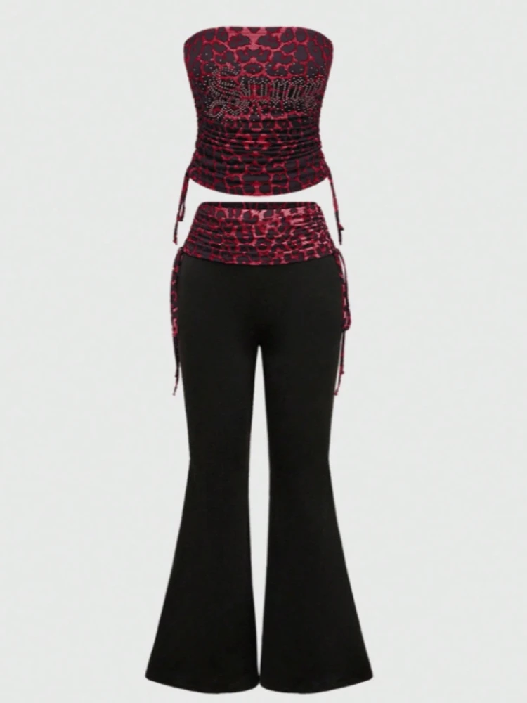 American Summer Leopard Print Patchwork Spicy Girl Fashion Y2K One Neck Strapless Tank Top Pants Women's Suit