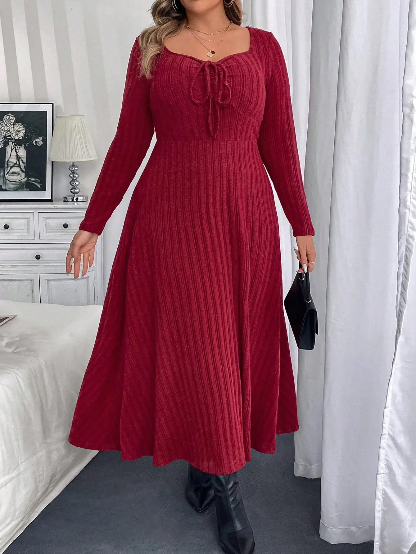 Plus Size Solid Color Long Sleeve Dress, Spring & Autumn For New Year Clothes Maxi Women Outfit view 5