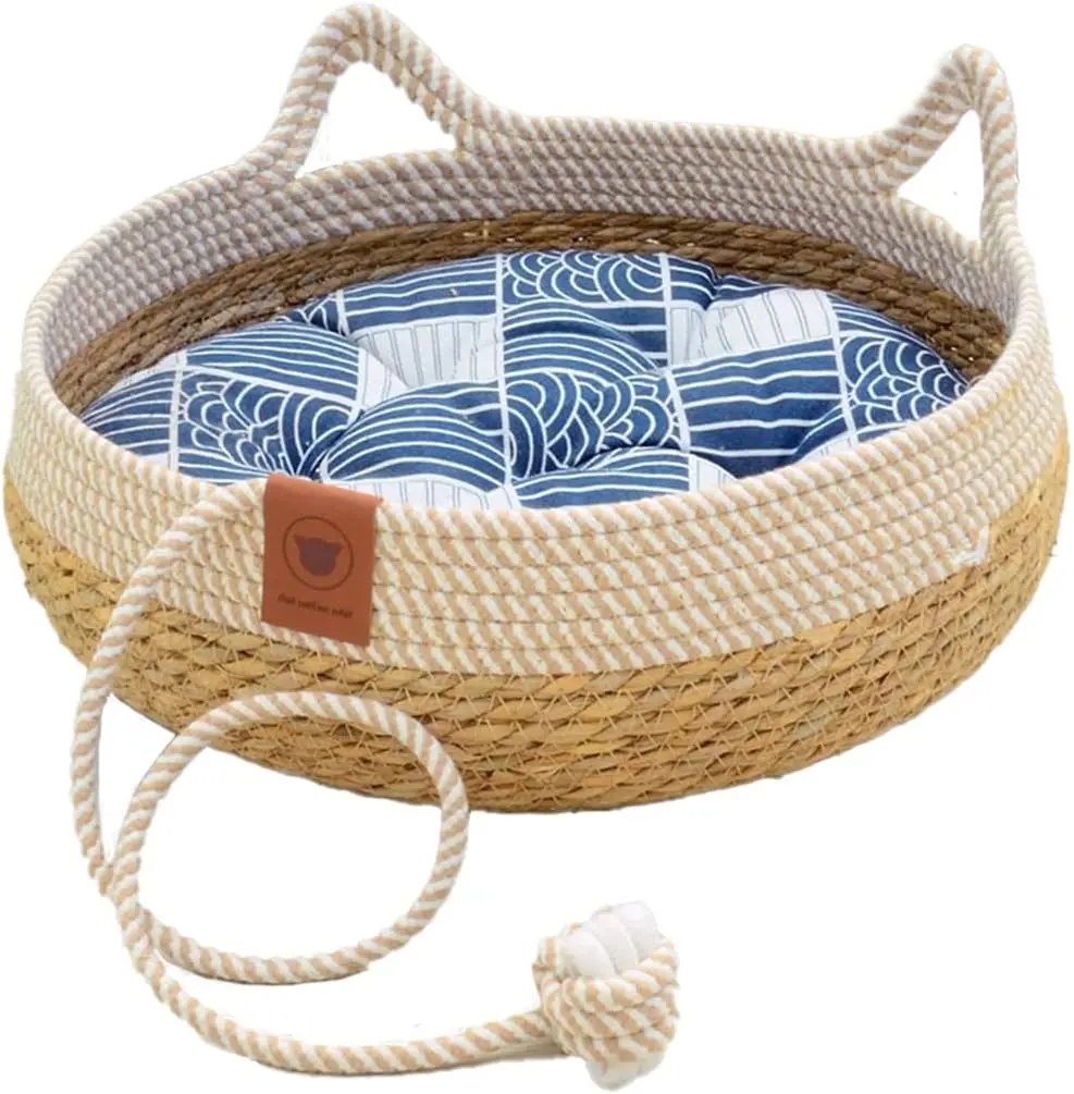 

Кровать для кошек из натуральной соломы с подушкой и игрушечным шариком, домашний домик ручной работы 18x18 дюймов с милыми кошачьими ушками