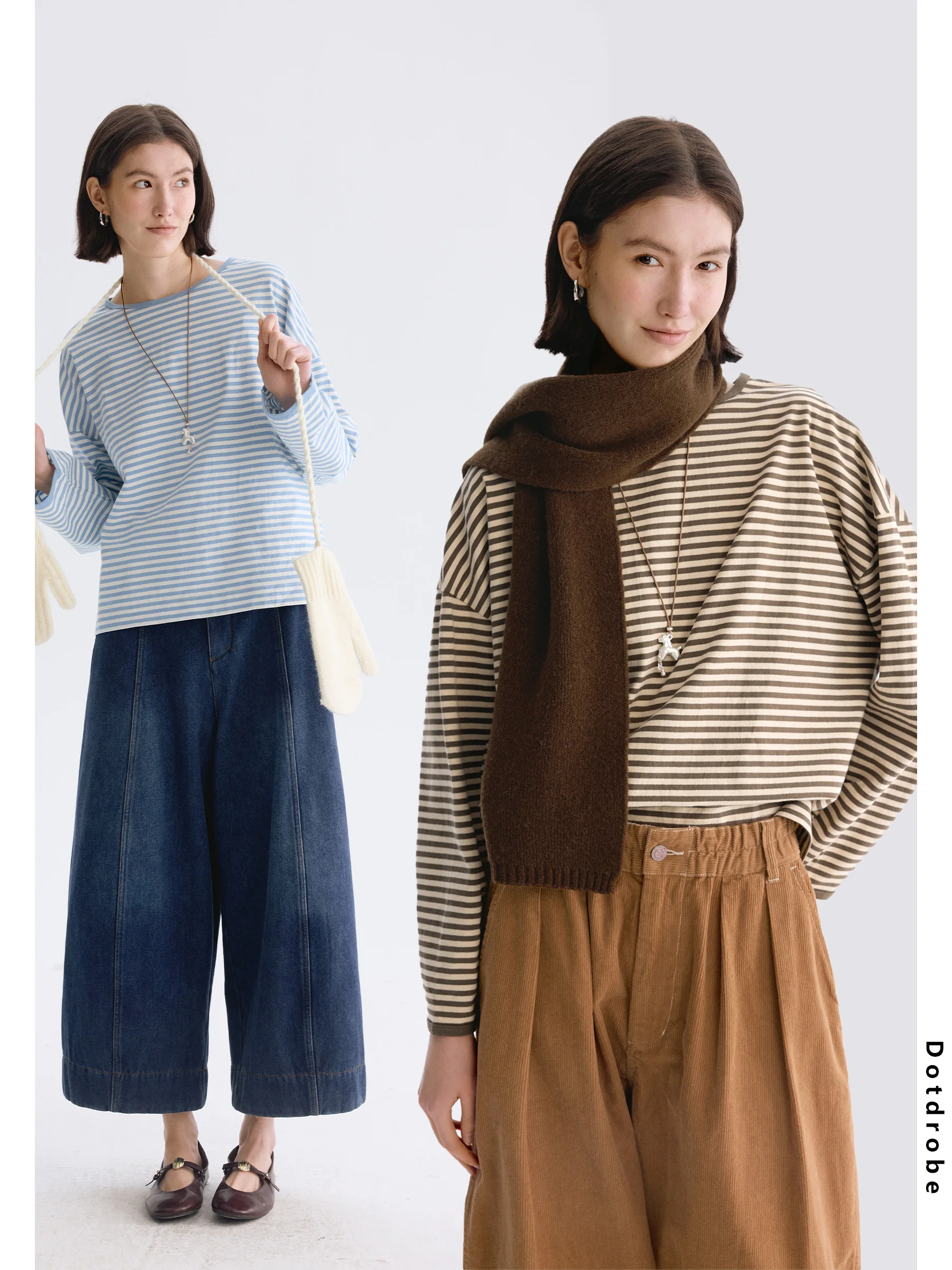 

DotDrobe Pure Cotton Long Sve T-irt Women's Early Spring Stripe ort Box pe One-oulder Japanese Sle Top