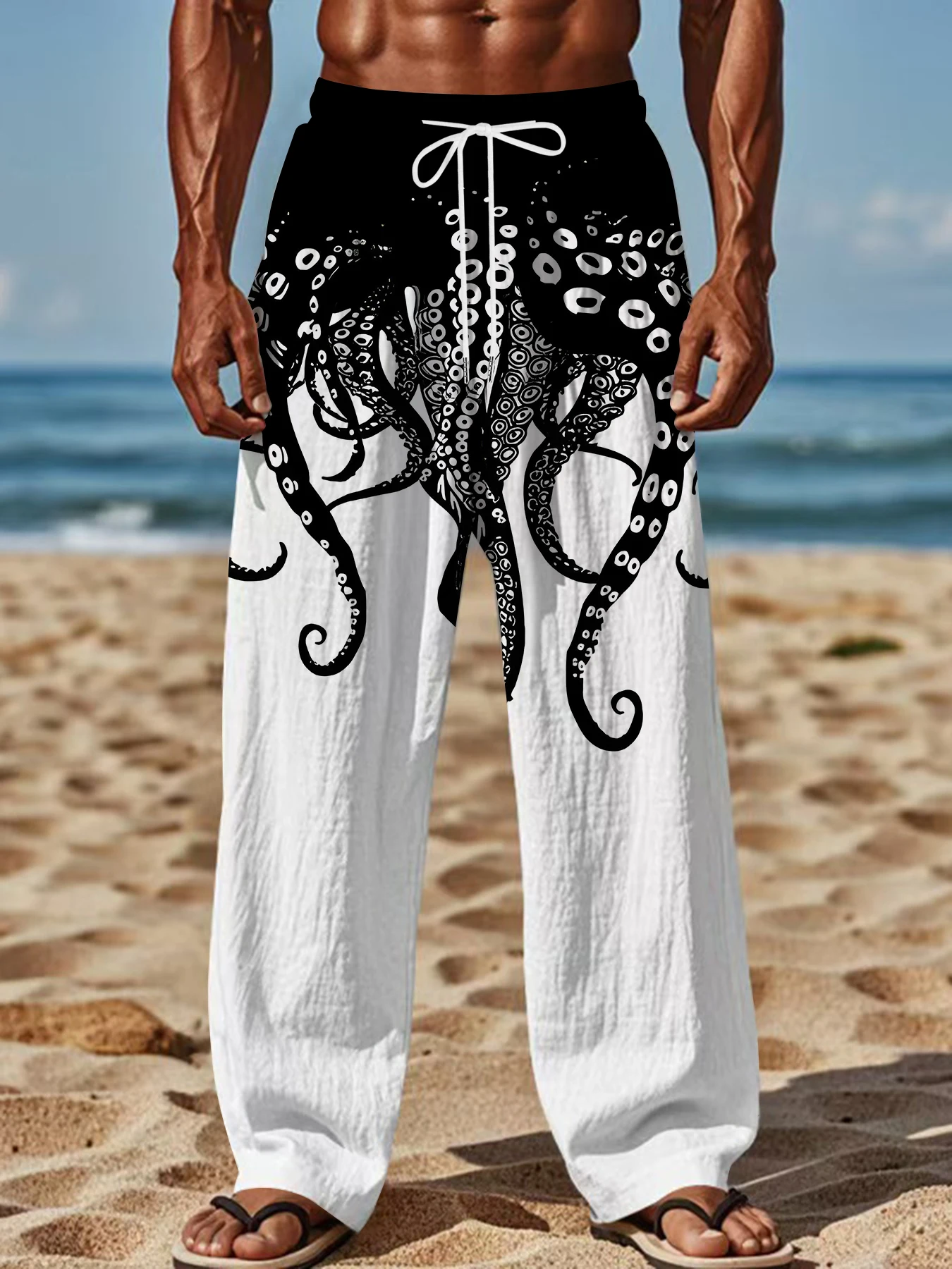 

2026 Men's Printed Straight Leg Pants Abstract Wave Design Drawstring Waist Loose Fit Summer Beach Casual Lightweight Trousers