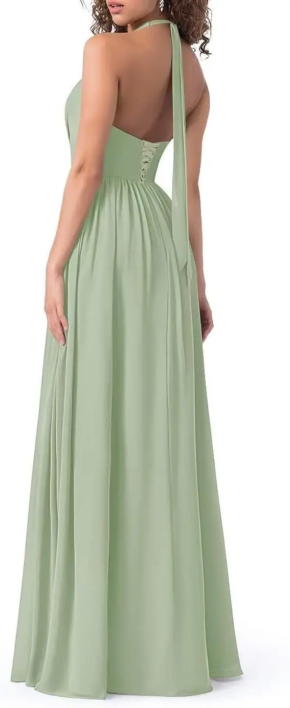 Vestidos de dama de honor de gasa con cuello Halter para mujer, vestidos formales largos plisados con hendidura, vestido de fiesta de noche, vestido Formal elegante para mujer